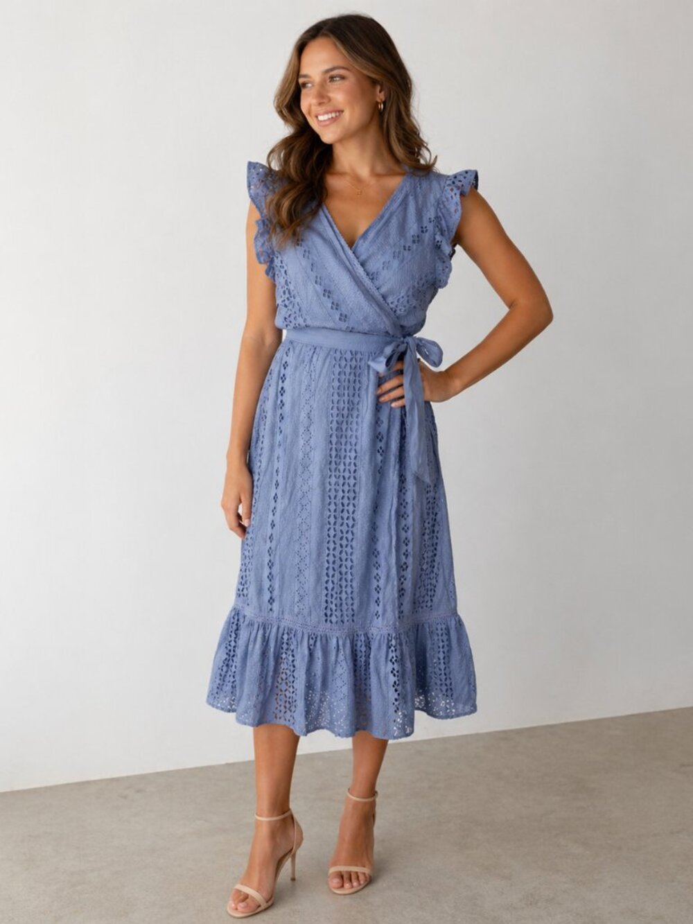 J. Crew Wrap Dress Womens 10T Blue 100% Cotton Eyelet Lined Midi Femi